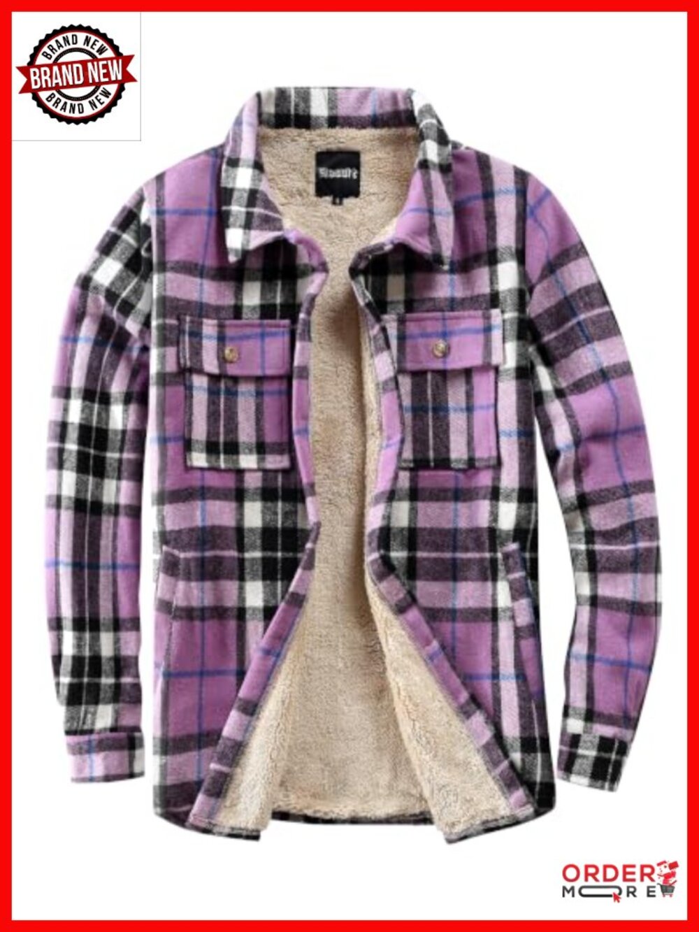 Sherpa Lined Flannel Shirt Jacket Plaid Button Down Pocket Coat